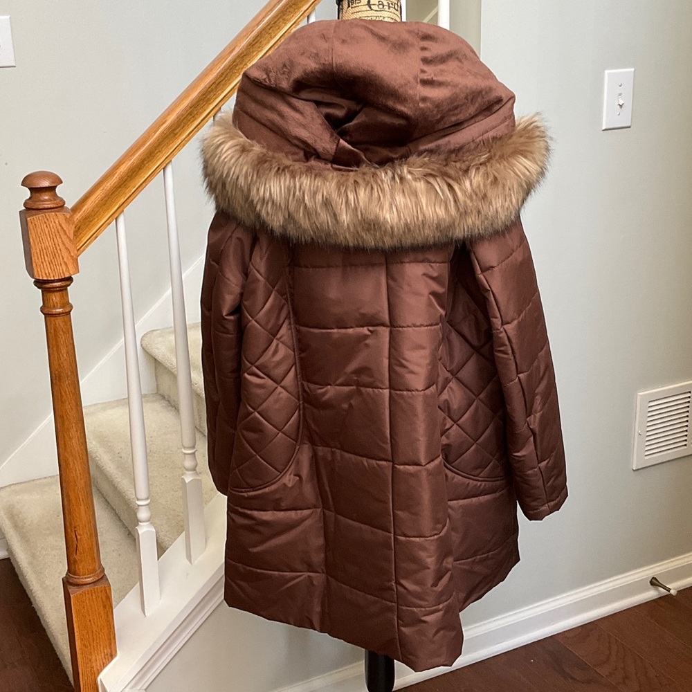 Susan Graver Brown Puffer Coat with Faux Fur Trim 2XL - Picture 3 of 12